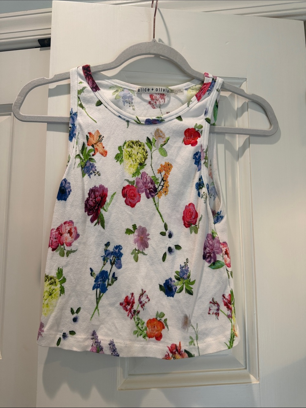 Alice + Olivia White Floral Crop Tank with Multicolor Blooms